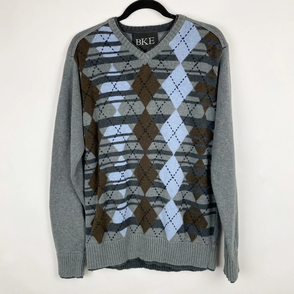 BKE Argyle V-Neck Sweater Mens Size XL Gray Brown Blue Cotton‎ Pullover Classic